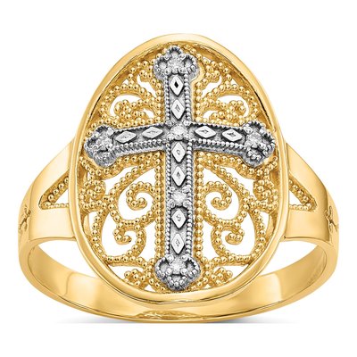 14K Two-Tone Gold Diamond Cross Filigree Ring