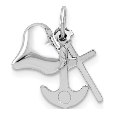 14K White Gold 3D Heart Cross Anchor Pendant
