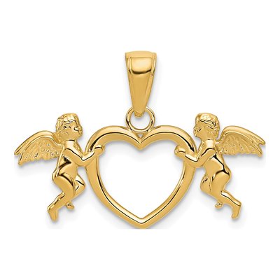 14K Yellow Gold Flying Cherubs Heart Pendant