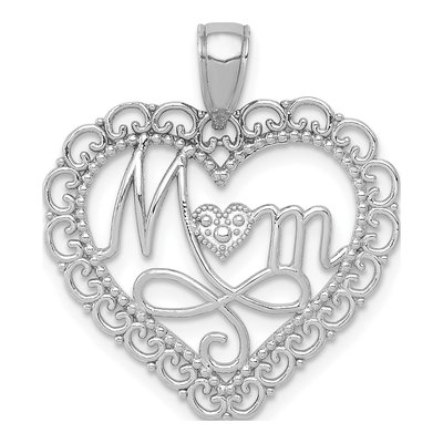 14K White Gold MOM Scalloped Heart Pendant