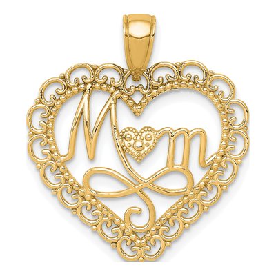 14K Yellow Gold MOM Scalloped Heart Pendant