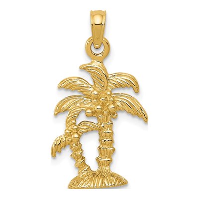 14K Yellow Gold Textured Double Palm Trees Pendant