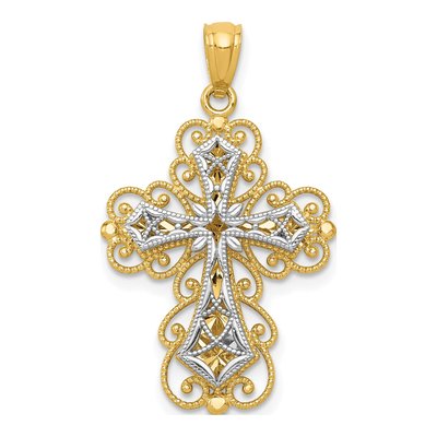 14K Two-Tone Gold Filigree Cross Pendant