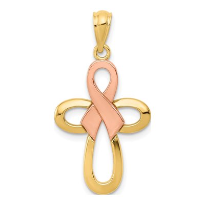 14K Two-Tone Gold Pink Ribbon Cross Pendant