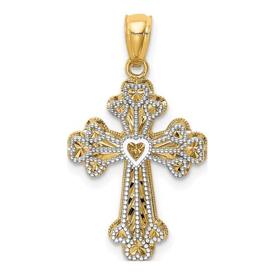 14K Two-Tone Gold Filigree Heart Cross Pendant