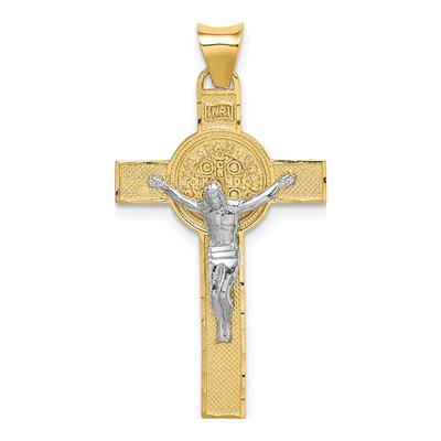 14K Two-Tone Gold Crucifix St Benedict Medal Pendant