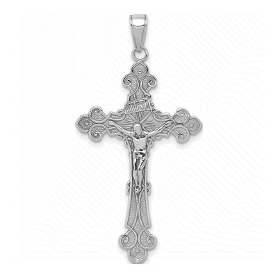 14K White Gold INRI Crucifix Fleur de Lis Pendant