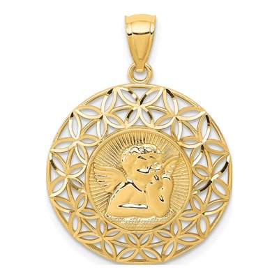 14K Yellow Gold Diamond-Cut Angel Medal Pendant