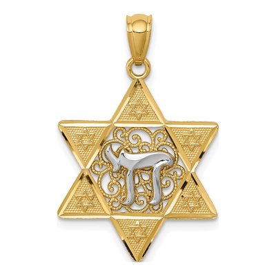 14K Two-Tone Gold Star of David Chai Pendant