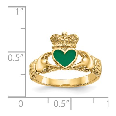 14K Yellow Gold Green Enamel Claddagh Ring – view 4