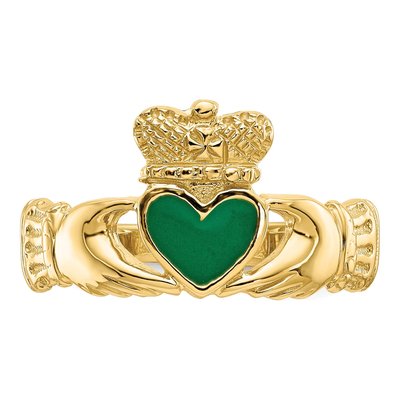 14K Yellow Gold Green Enamel Claddagh Ring – view 6