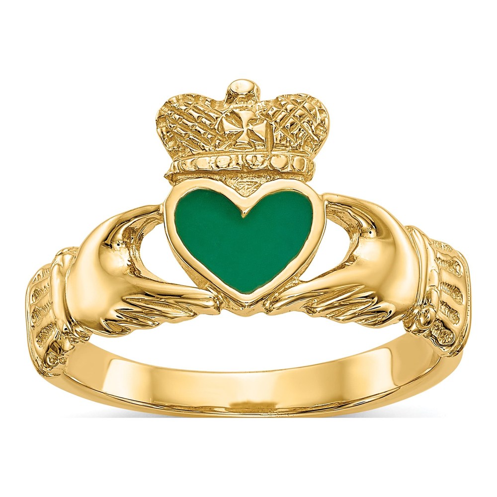 14K Yellow Gold Green Enamel Claddagh Ring