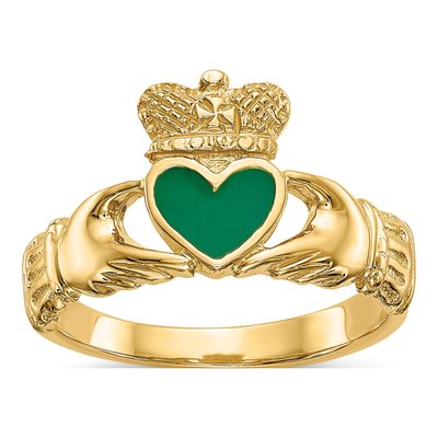 14K Yellow Gold Green Enamel Claddagh Ring
