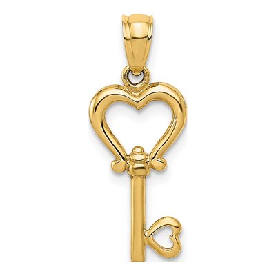 14K Yellow Gold 3D Heart Key Pendant