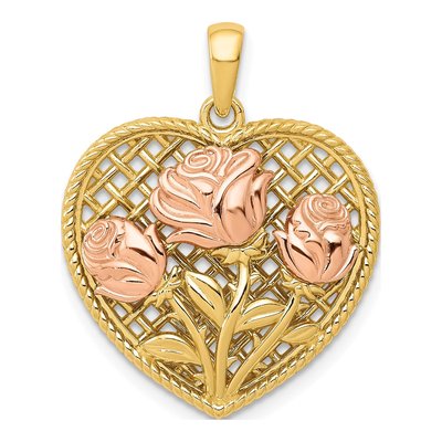 14K Two-Tone Gold Flowers Heart Pendant