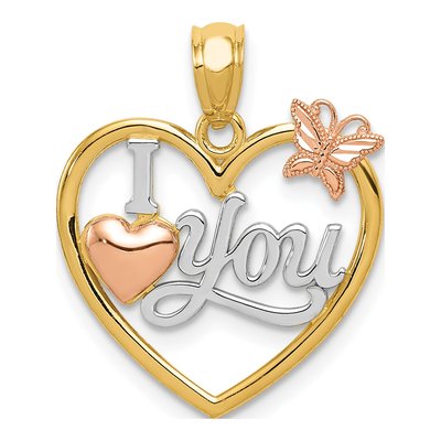 14K Two-Tone Gold I LOVE YOU Heart Butterfly Pendant