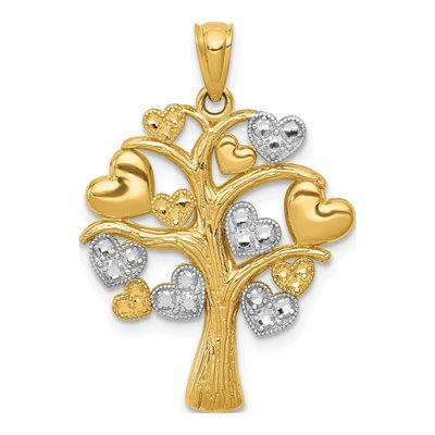 14K Yellow Gold Hearts Tree Pendant