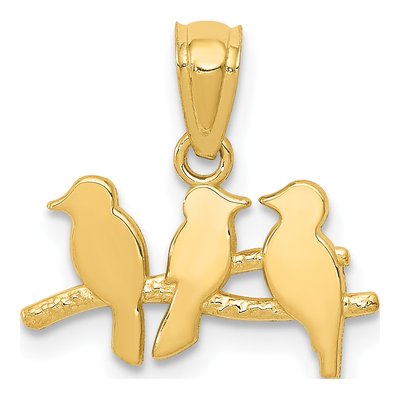 14K Yellow Gold Three Birds on Branch Pendant