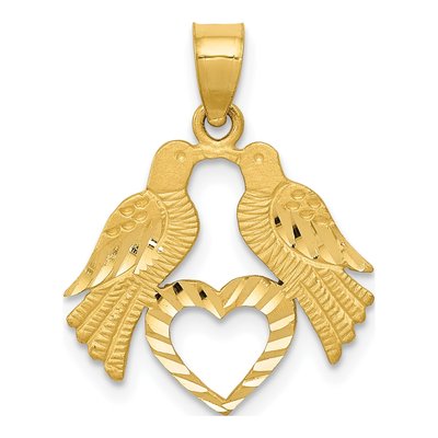 14K Yellow Gold Love Birds Heart Pendant