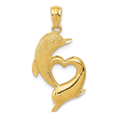 14K Yellow Gold Dolphins Heart Pendant