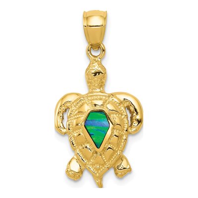 14K Yellow Gold Lab-Created Opal Turtle Pendant