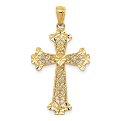 14K Yellow Gold Filigree Hearts Cross Pendant
