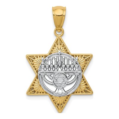 14K Two-Tone Gold Star of David Menorah Pendant
