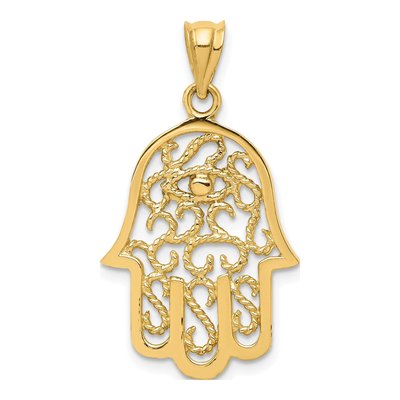 14K Yellow Gold Filigree Hamsa Evil Eye Pendant