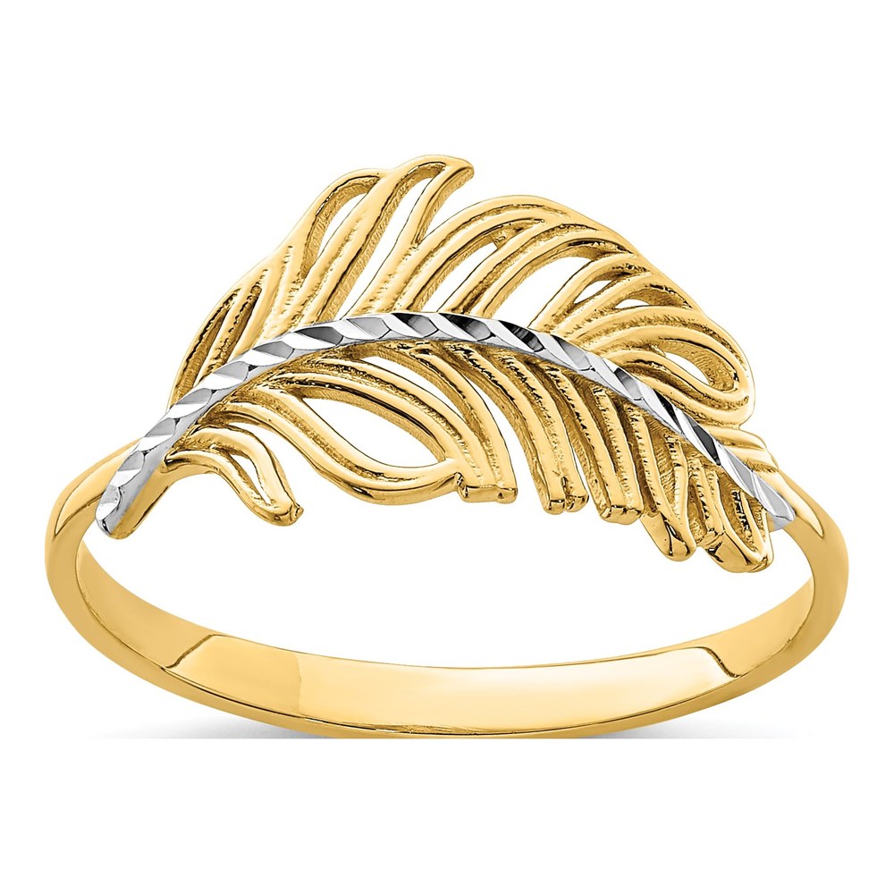14K Yellow Gold Feather Ring with Rhodium Plating