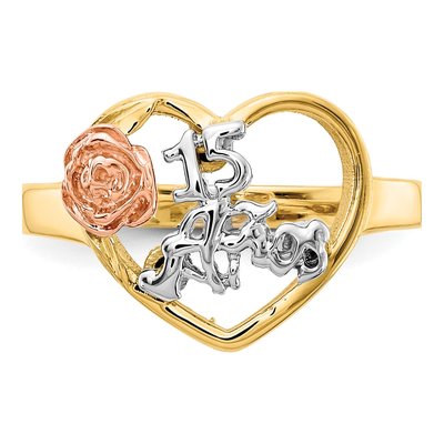 14K Tri-Color Gold Quinceaera Aos Heart Ring – view 5