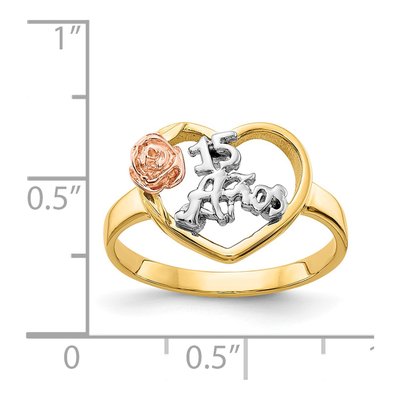 14K Tri-Color Gold Quinceaera Aos Heart Ring – view 6