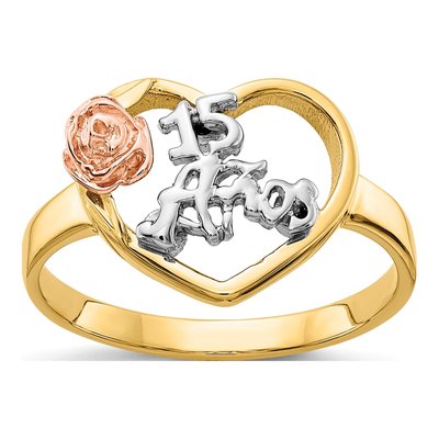 14K Tri-Color Gold Quinceaera Aos Heart Ring