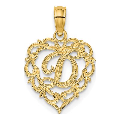 14K Yellow Gold Heart Script Letter D Charm