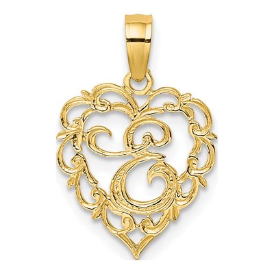 14K Yellow Gold Heart Script Letter E Charm