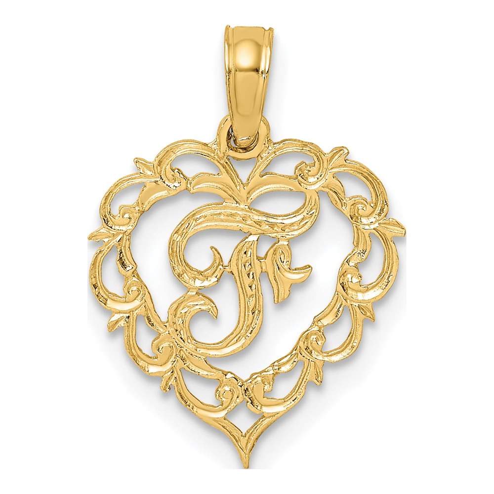 14K Yellow Gold Heart Script Letter F Charm