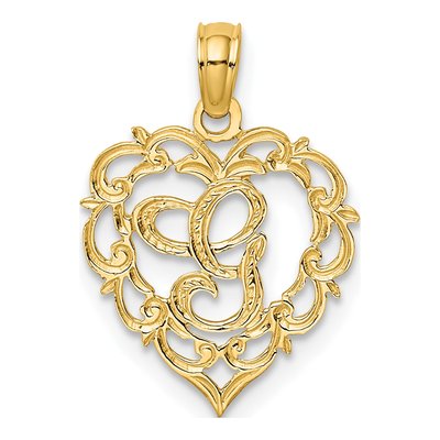 14K Yellow Gold Heart Script Letter G Charm