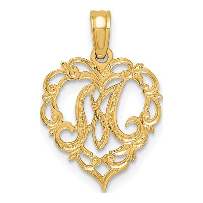 14K Yellow Gold Heart Script Letter M Charm
