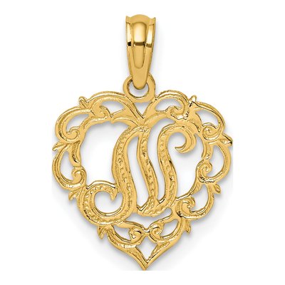 14K Yellow Gold Heart Script Letter N Charm