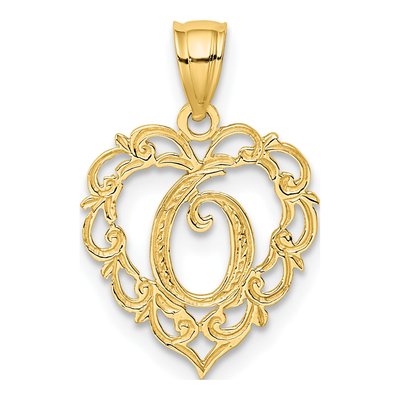 14K Yellow Gold Heart Script Letter O Charm