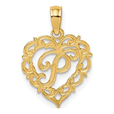 14K Yellow Gold Heart Script Letter P Charm