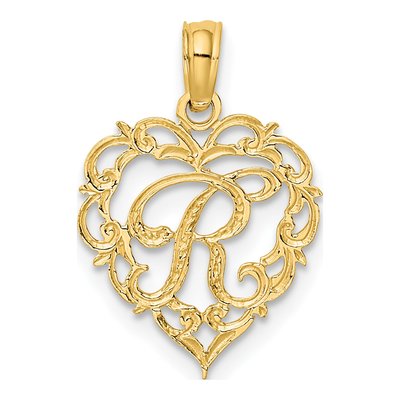 14K Yellow Gold Heart Script Letter R Charm