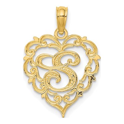 14K Yellow Gold Heart Script Letter S Charm