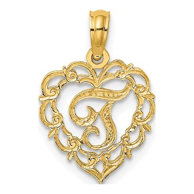 14K Yellow Gold Heart Script Letter T Charm