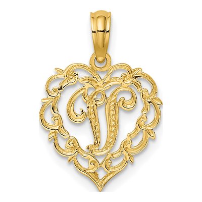 14K Yellow Gold Heart Script Letter V Charm