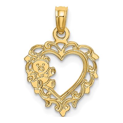 14K Yellow Gold Teddy Bear Heart Charm