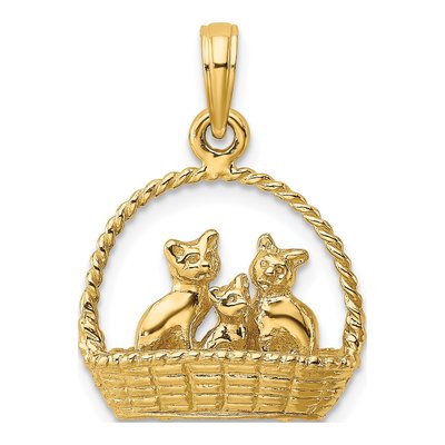 14K Yellow Gold 3D Cats Basket Pendant