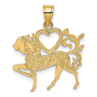14K Yellow Gold Textured Heart Horse Charm