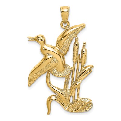 14K Yellow Gold Duck Flying From Willow Pendant