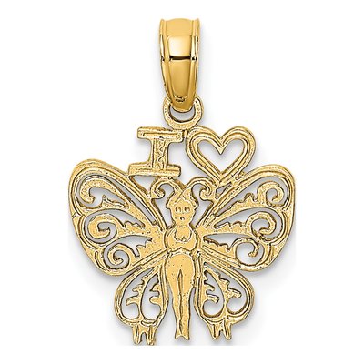 14K Yellow Gold I Heart Butterfly Pendant