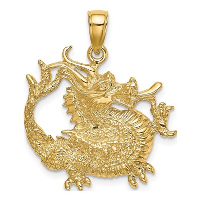 14K Yellow Gold 2-D Textured Dragon Pendant